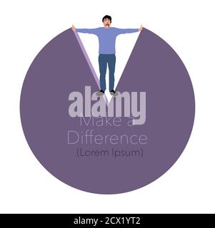 Un homme se tient dans une tranche d'un graphique à secteurs pour faire une différence dans les statistiques que le graphique presentsd. Zone de texte et illustration 3-D. Banque D'Images