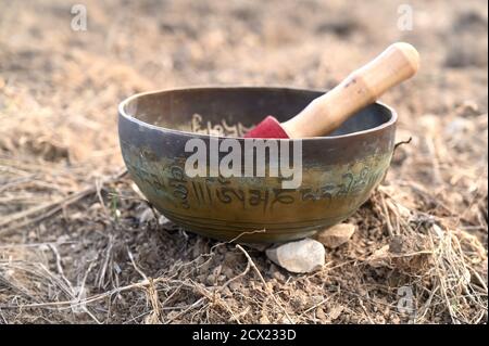 Un bol tibétain en cuivre au milieu d'un champ Banque D'Images