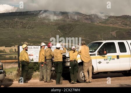 Les pompiers discutent lorsqu'ils émettent de la fumée à la suite d'un feu de forêt Banque D'Images