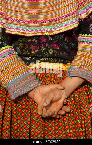 Détail de la femme Hmong Fleur costume tribal distinctif. Marché de Cancau, N Vietnam Banque D'Images