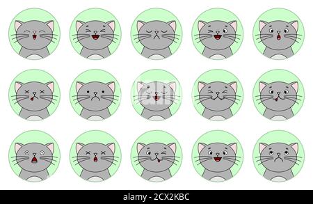 Ensemble de mignons émoticônes drôles - chats. Ensemble de chats emoji. Configuré pour les réseaux sociaux, les messageries et les chats. Sourires différents avec rire, baisers, surprise, sadiques Illustration de Vecteur