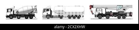 Ensemble vectoriel de mélangeur automatique, camion-citerne, grue de camion. Modèle de camion vide blanc pour la publicité; maquette. Voitures de travail. Bétonnière, grue, cuve. Moder Illustration de Vecteur