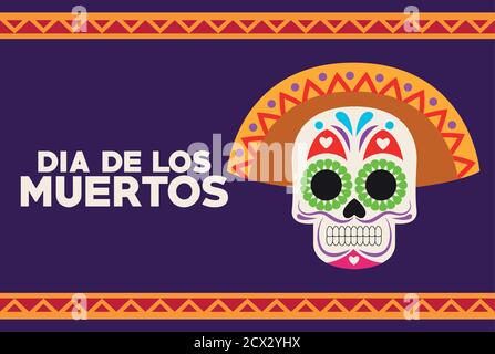 dia de los muertos affiche de célébration avec tête de crâne et motif d'illustration à vecteur de lettrage Illustration de Vecteur