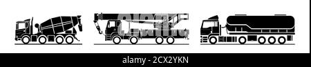 Ensemble vectoriel d'icônes noires de mélangeur automatique, camion-citerne, grue sur un fond blanc. Icône élégante pour le logo. Voitures de travail. Bétonnière, grue, Havane Illustration de Vecteur