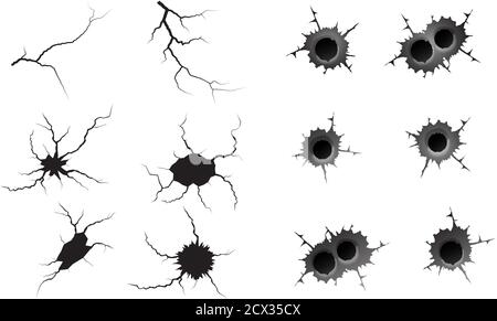 Jeu de trous de balle et de fissures de masse. Trou cylindrique simple et double en métal, effet de dommage. Tremblement de terre et fissures de terre, craquelure et endommagé. Illustrations vectorielles tremblement de terre, accident, destruction Illustration de Vecteur