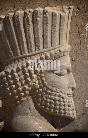 Homme perse en relief, ruines du palais d'Apadana et bas reliefs, Persepolis, Iran. Banque D'Images