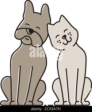Le chien et le chat se sont accrochés l'un à l'autre. Illustration vectorielle animaux mignons de style dessin animé. Illustration de Vecteur
