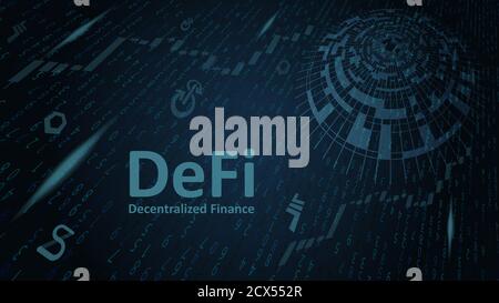 Defi a décentralisé la finance sur fond noir numérique abstrait avec des chiffres volants et des symboles de pièce. Un écosystème d'applications et de services financiers Banque D'Images