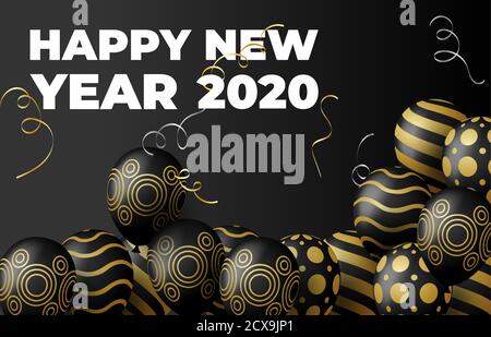 Ballons d'or et particules d'or sur fond de dégradé noir pour le nouvel an 2020. Fichier vectoriel EPS 10 Illustration de Vecteur