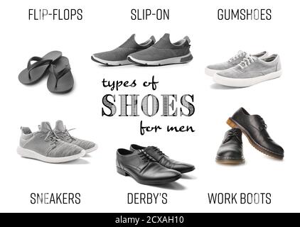 Différents types de chaussures pour hommes sur fond blanc Banque D'Images