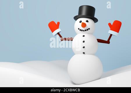 illustration 3d bonhomme de neige de Noël dans un chapeau et des mitaines rouges se dresse sur la neige sur un fond blanc isolé. Banque D'Images