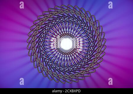 Illustration d'une roue au néon 3d de forme inhabituelle en métal de couleur rose et bleue. Exemple de formes métalliques multicolores, de mécanismes. Technologie Banque D'Images