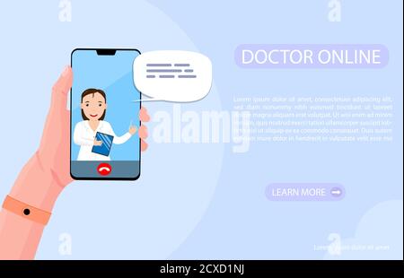 Consultation d'un médecin en ligne via votre smartphone. La main humaine tient le téléphone avec appel vidéo au médecin. Femme thérapeute donne un conseil en ligne. Concept Illustration de Vecteur