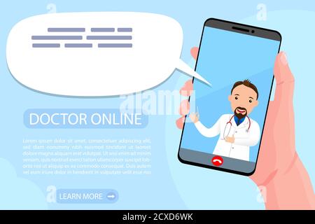 Consultation d'un médecin en ligne via votre smartphone. La main humaine tient le téléphone avec appel vidéo au médecin. Homme thérapeute donne un conseil en ligne. Concept Illustration de Vecteur