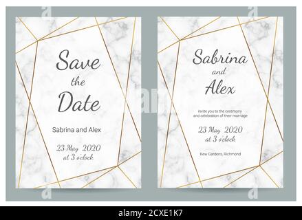 Invitation à un mariage en marbre. Mettez en place avec invitation et enregistrez la carte de date sur fond de marbre blanc. Ensemble de mariage Illustration de Vecteur