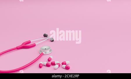 Illustration 3D d'un stéthoscope rose et de capsules blanches et roses sur fond rose. Banque D'Images