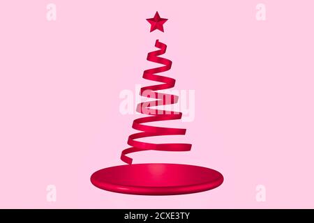 Illustration 3D d'une bande de ruban rouge en forme d'arbre de Noël avec étoile rouge et piédestal rouge sur fond rose. Banque D'Images