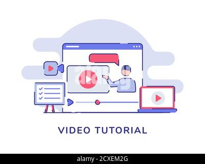Vidéo tutoriel concept vidéo man présentation sur écran d'ordinateur arrière-plan blanc isolé avec style plat Illustration de Vecteur