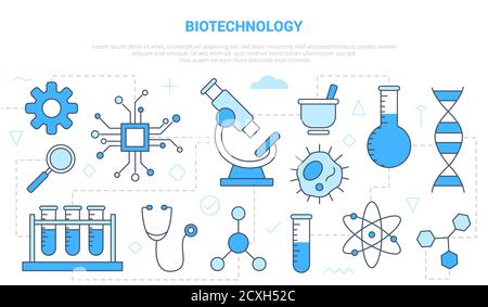 concept de biotechnologie avec bannière de modèle de jeu d'icônes avec bleu moderne style de couleur Illustration de Vecteur