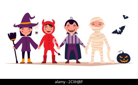 Joyeux Halloween. Ensemble de dessins animés mignon enfants dans les costumes colorés d'Halloween: Sorcières, dragula, momie, diable. Ensemble d'icônes de dessin animé pour enfants Halloween Desi Banque D'Images