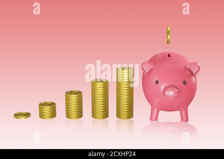 Money Savings concept, mettant une pièce dans la banque Piggy, Banner arrière-plan avec l'espace de copie, des rendus 3d Banque D'Images