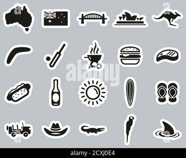 Ensemble d'autocollants noir et blanc icônes de la campagne et de la culture australienne Grande Illustration de Vecteur