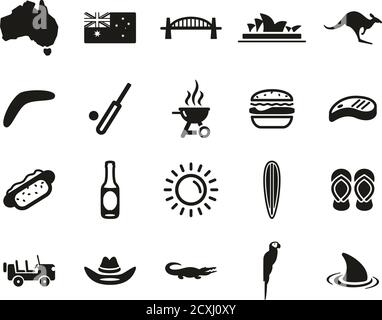 L'Australie Pays & Culture Icons Set Noir & Blanc Grand Illustration de Vecteur