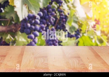 Table en bois vide sur le fond d'un vignoble flou Banque D'Images