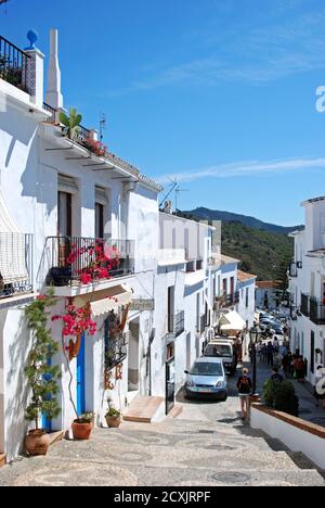 Vue le long d'une rue espagnole traditionnelle dans le village blanchi à la chaux, Frigiliana, Espagne. Banque D'Images