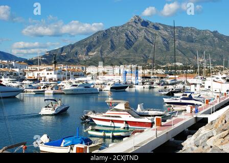 Yachts et bateaux amarrés dans le port avec la montagne de la Concha à l'arrière, Puerto Banus, Marbella, Espagne. Banque D'Images