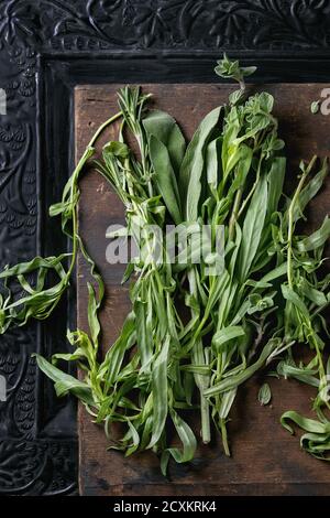 Bouquet d'herbes fraîches de romarin, d'origan et de sauge italien sur un vieux bois sombre et un fond noir orné. Vue de dessus Banque D'Images