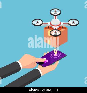 Flat 3d Isométrique homme d'affaires utiliser un smartphone pour appeler et contrôler la livraison de drone avec le paquet. Concept d'innovation de livraison et d'expédition de drones. Illustration de Vecteur