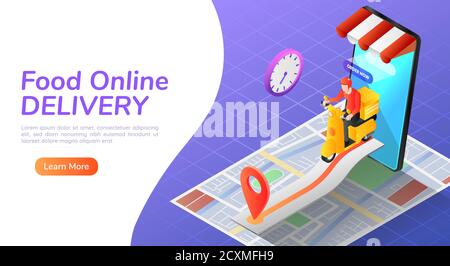 3d isométrique web bannière livraison homme moto avec commande en ligne de nourriture et à la maison de livraison de service sur smartphone. Livraison de nourriture et achats en ligne Illustration de Vecteur