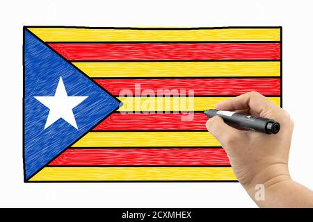 Drapeau de Catalogne. Doodle sur un tableau blanc, Scribble esquisse du texte sur un tableau Banque D'Images
