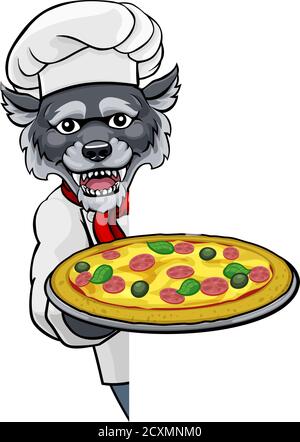 Wolf Pizza Chef Cartoon Restaurant Mascot Sign Illustration de Vecteur