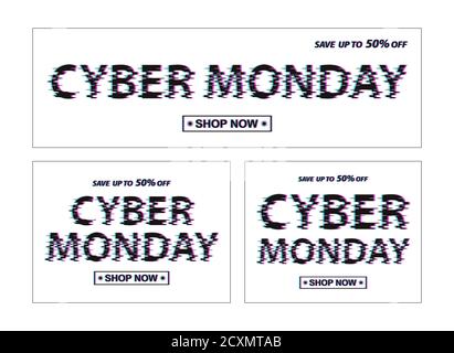 Cyber monday vente Advirtising bannière mise en place dans le modèle de glitch. Offres spéciales et remises sur l'électronique et la technologie. Vecteur de conception numérique Illustration de Vecteur