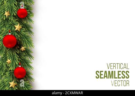 Branche de noël verte avec boules rouges, étoiles dorées sur fond blanc. Décoration sans couture verticale naturelle en sapin. Joyeux Noël vecteur réaliste, nouvel an Illustration de Vecteur