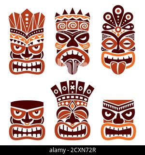 Hawaïen et Polynésie Tiki Head totem vecteur design ensemble- tribal art populaire en marron sur fond blanc Illustration de Vecteur