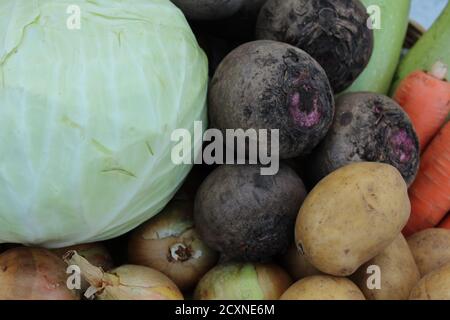 nourriture fond légumes tomates rouge jaune concombres vert carottes orange maïs pommes de terre betteraves chou Banque D'Images
