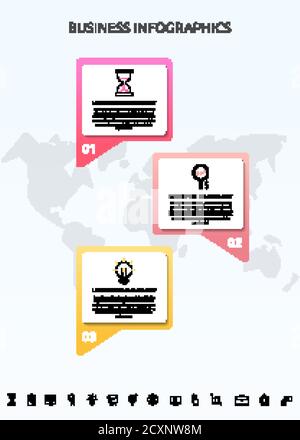 Graphiques infographiques avec 3 étapes, étiquettes. Modèle vectoriel utilisé pour le diagramme, l'entreprise, le Web, la bannière, la mise en page du flux de travail, présentations, organigramme, info Illustration de Vecteur