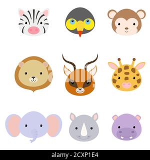 Têtes d'animaux mignons et drôles. Personnages africains de dessins animés pour le dessin d'imprimé de bébé, vêtements d'enfants, fête de douche de bébé, carte de salutation et d'invitation, wa Illustration de Vecteur