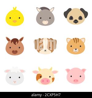 Têtes d'animaux mignons et drôles. Personnages d'animaux de dessin animé domestiques pour le dessin imprimé de bébé, vêtements pour enfants, fête de douche de bébé, carte de voeux et d'invitation, W Illustration de Vecteur