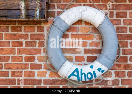 Anneau de vie avec l'inscription AHOI sur un mur de brique Banque D'Images