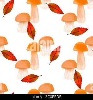 Illustration aquarelle sans couture des champignons et des feuilles d'automne un blanc Banque D'Images