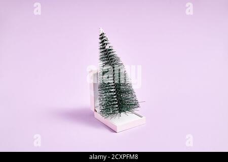 Sapin de Noël dans une boîte à bijoux blanche. Proposition de mariage le jour de noël ou le jour de l'an Banque D'Images