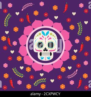 dia de los muertos affiche de célébration avec crâne et fleurs illustration vectorielle Illustration de Vecteur