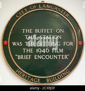 Une plaque commémorant le buffet du Carnforth Station Heritage Centre, Lancashire, Angleterre Banque D'Images