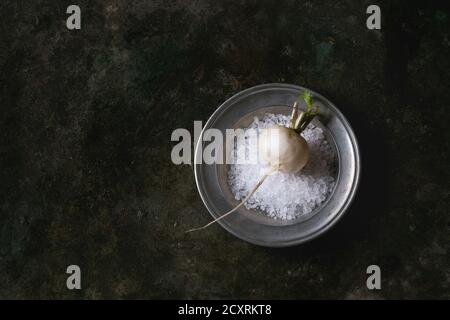 Ensemble blanc frais radis biologiques dans la plaque de métal avec du sel de mer sur dark metal texture background. Vue de dessus avec l'exemplaire de l'espace. Concept végétarien Banque D'Images