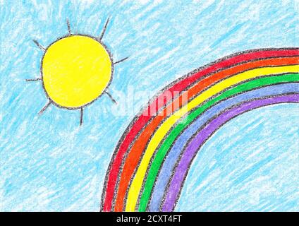 Dessin simple de l'enfant du soleil et d'un arc-en-ciel Banque D'Images