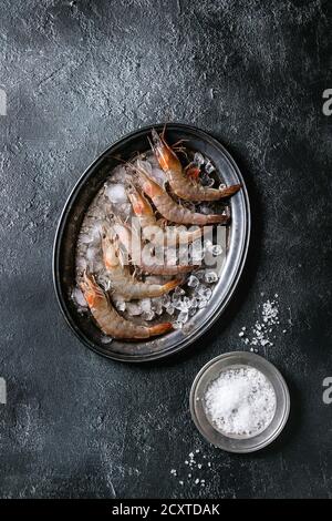Crevettes non cuites fraîches entières, les crevettes sur la glace sur le plateau métallique vintage avec la plaque de sel de mer sur fond de texture noire. Vue de dessus avec l'espace Banque D'Images